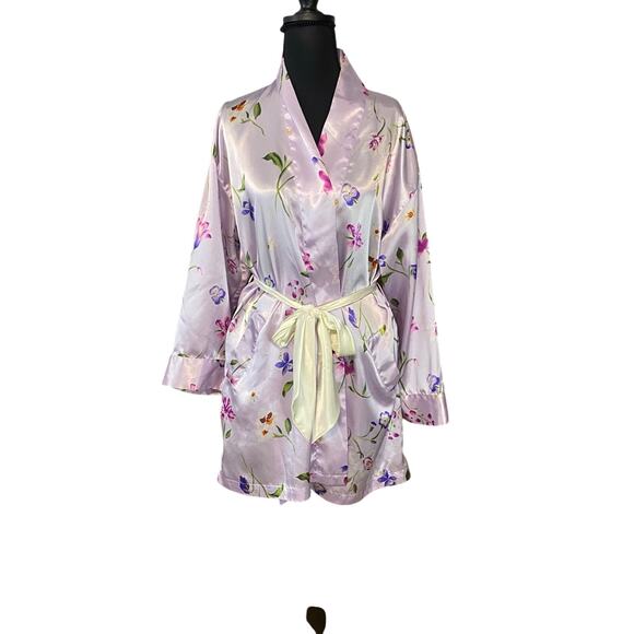 Victoria’s Secret Lavender Floral Satin Kimono Robe Belted One Size - Picture 1 of 9